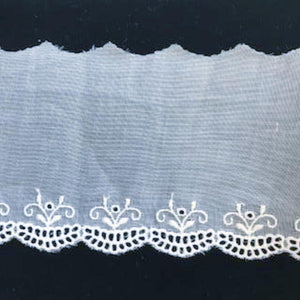 E-56 White - 80mm Embroidered Edging on Swiss Cotton Organdy fabric.