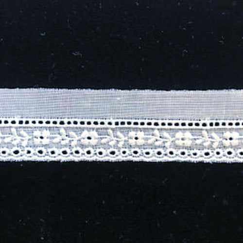 E-77 White - 12mm Embroidered Entredeux Edging.