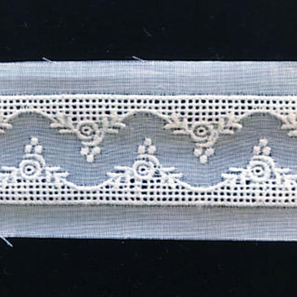 E-79 White, Ivory and Ecru - 25mm Embroidered Entredeux Insertion.