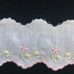 E-501 White,Blue,Pink - 55mm Embroidered Edging on Cotlin Fabric (50% Cotton/50% Linen).