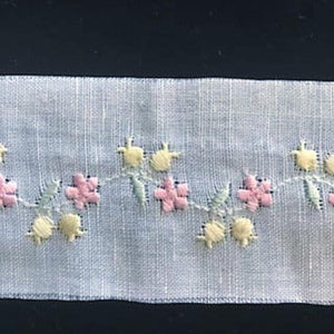 E-502 Blue,Pink, White - Embroidered Insertion on Cotlin Fabric (50% Cotton/50% Linen)