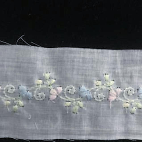 E-150 Pink/Blue on White - 35mm Embroidered Coloured Insertion.