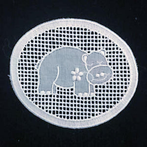 E - Happy Hippo White - Swiss Cotton Embroidery Medallion.
